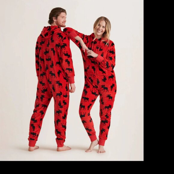 Adult Moose on Red Hooded Zip-up Fleece Jumpsuit PJ Onesie - Picture 1 of 12